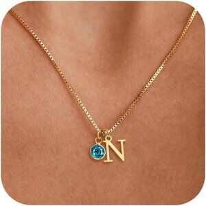 Dainty 14K Gold Plated Birthstone Initial Necklace for Women - Customizable A-Z